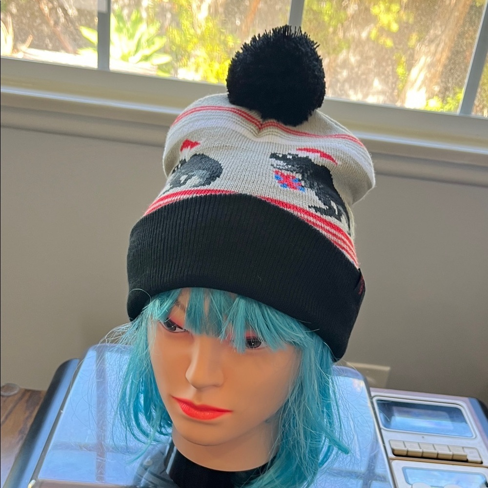 Black and White Beanie with Dinosaur Design
